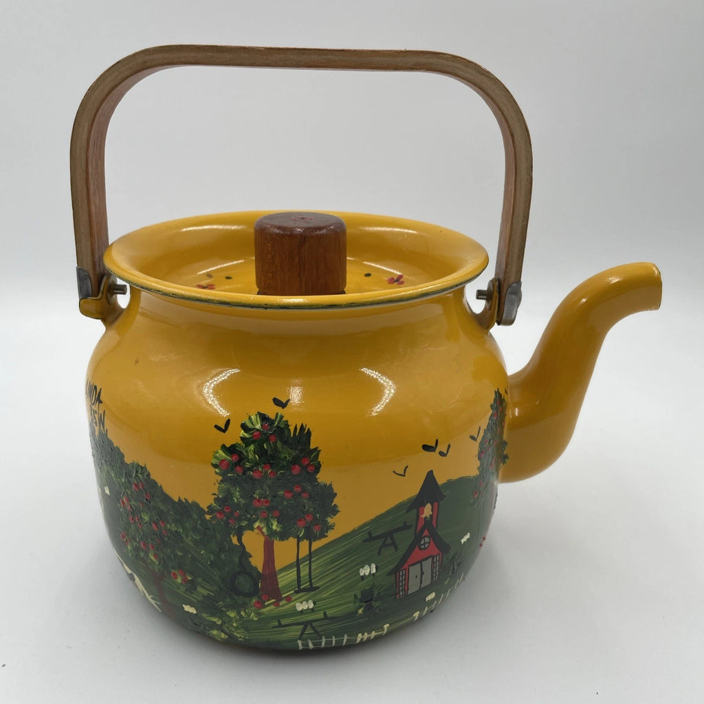 Vtg Hand Painted MCM Yellow Enamel Tea Kettle with Teak Wood Handle and Knob