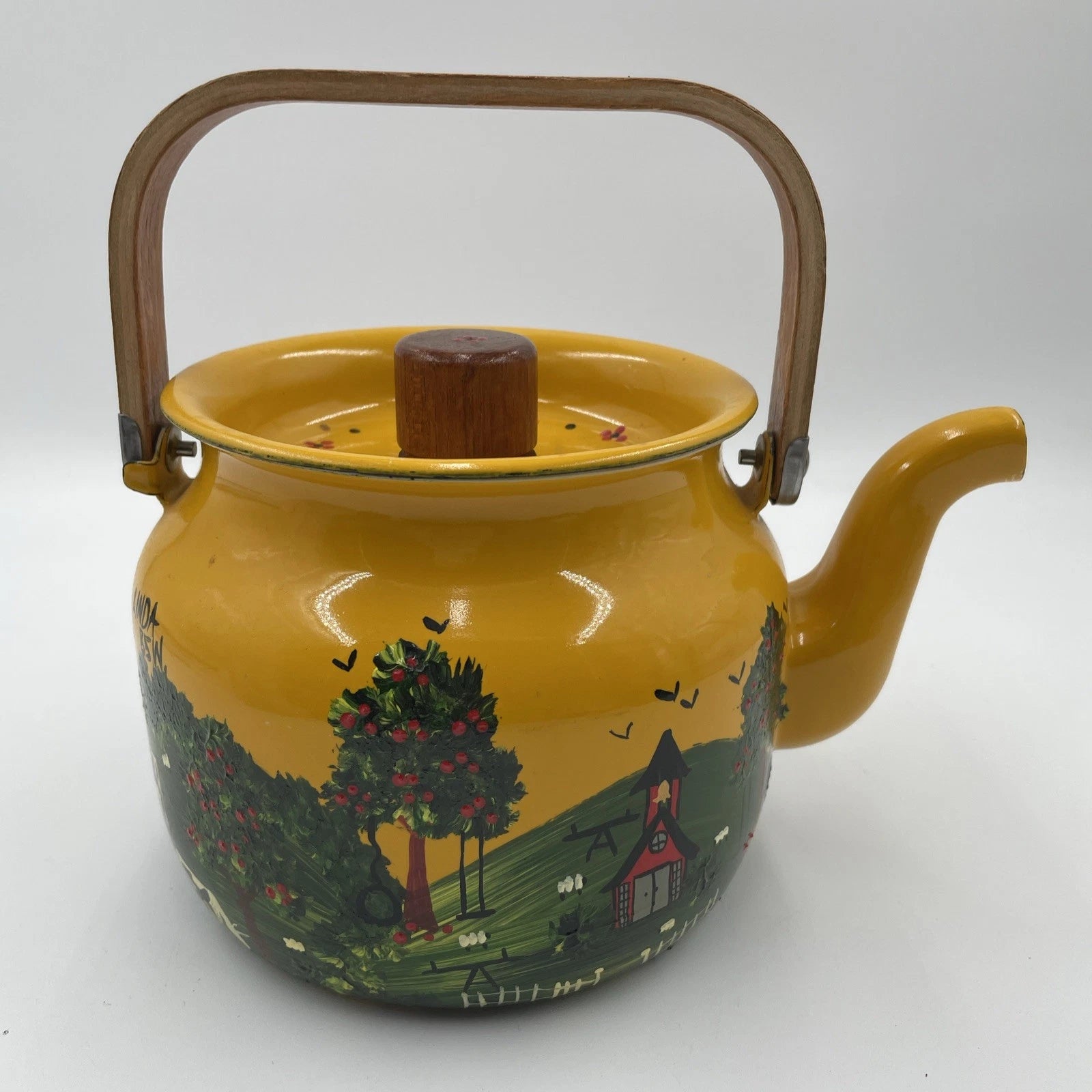 Vtg Hand Painted MCM Yellow Enamel Tea Kettle with Teak Wood Handle and Knob