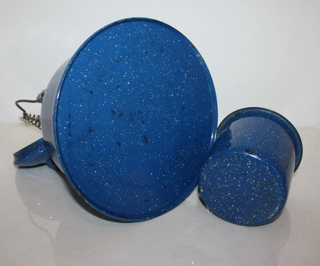 Blue Speckled Enamelware 10 Cup Coffee Teapot and Cup