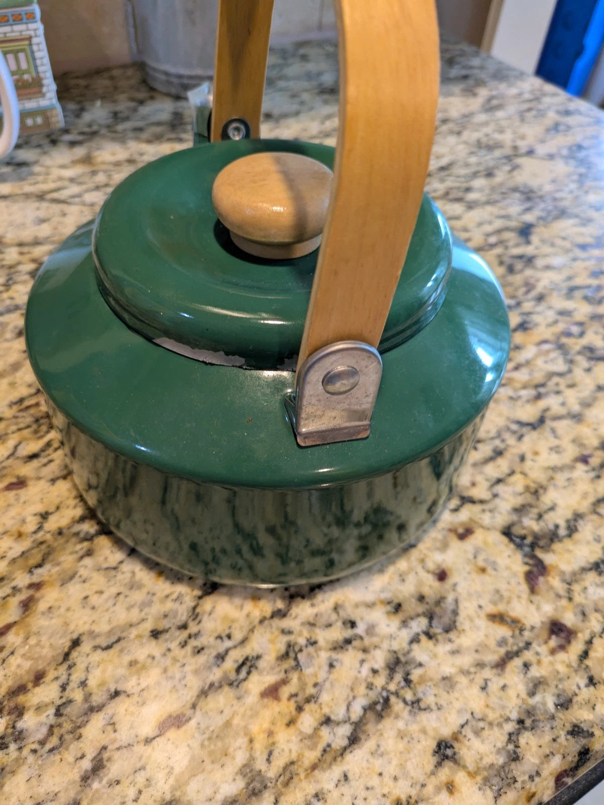 Vintage Green Enamel Tea Kettle with Wood Handle