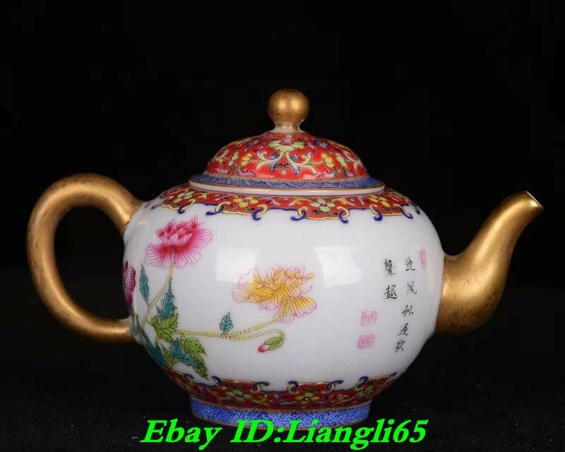 6" Yongzheng Marked Old Chinese Colour Enamel Porcelain Palace Flower Teapot-
