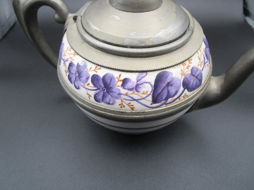 Graniteware enamel pewter teapot purple floral design Manning, Bowman Co.