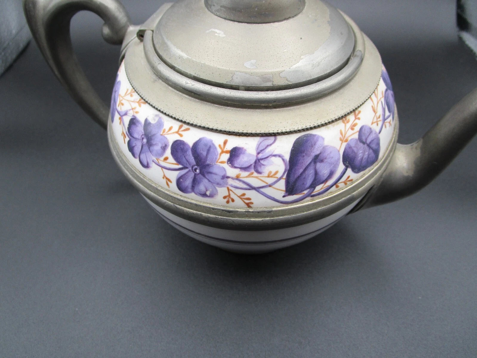 Graniteware enamel pewter teapot purple floral design Manning, Bowman Co.