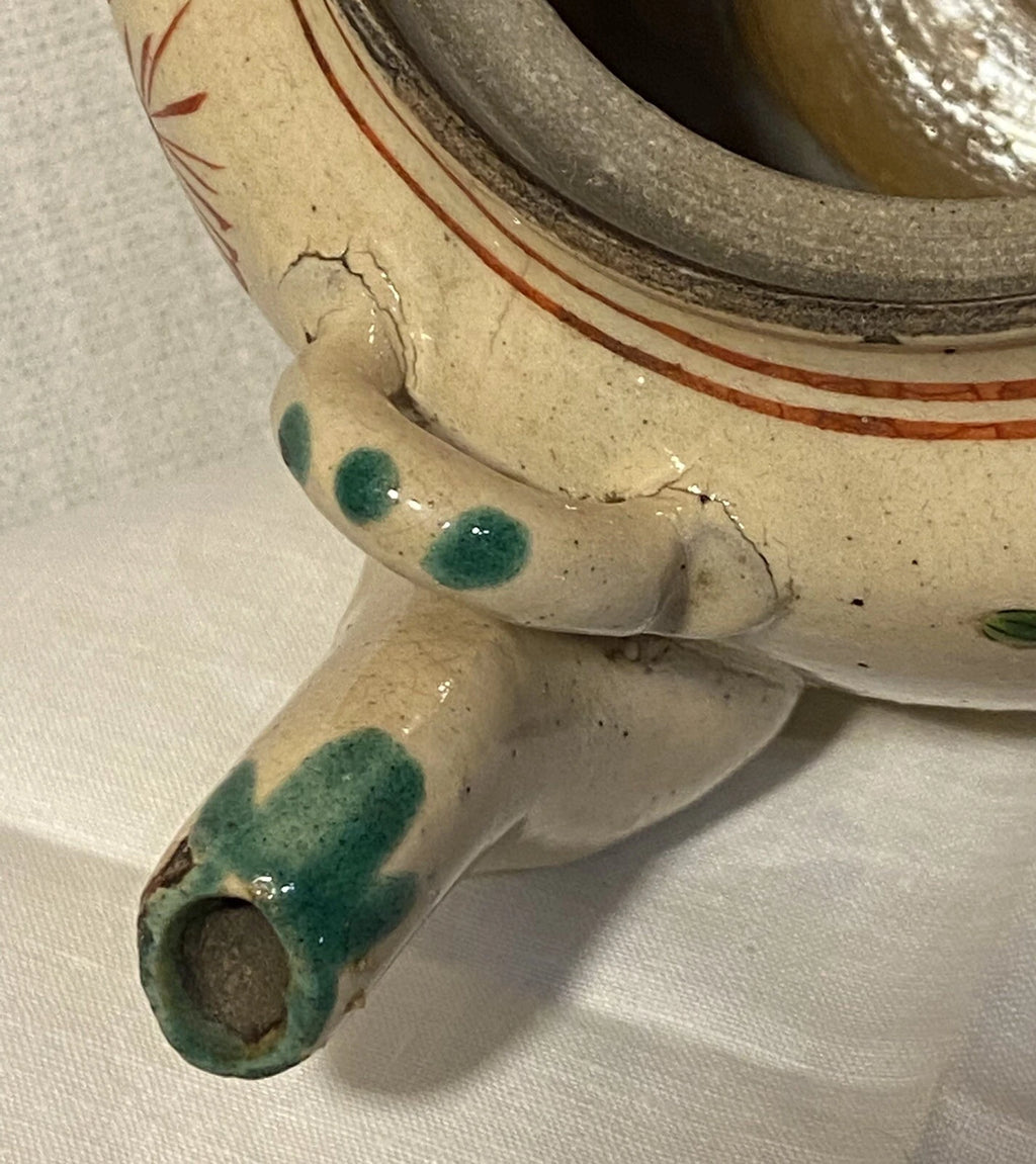 Antique Japanese Yellow Ware Ceramic Famille Rose Raised Enamel Teapot Signed