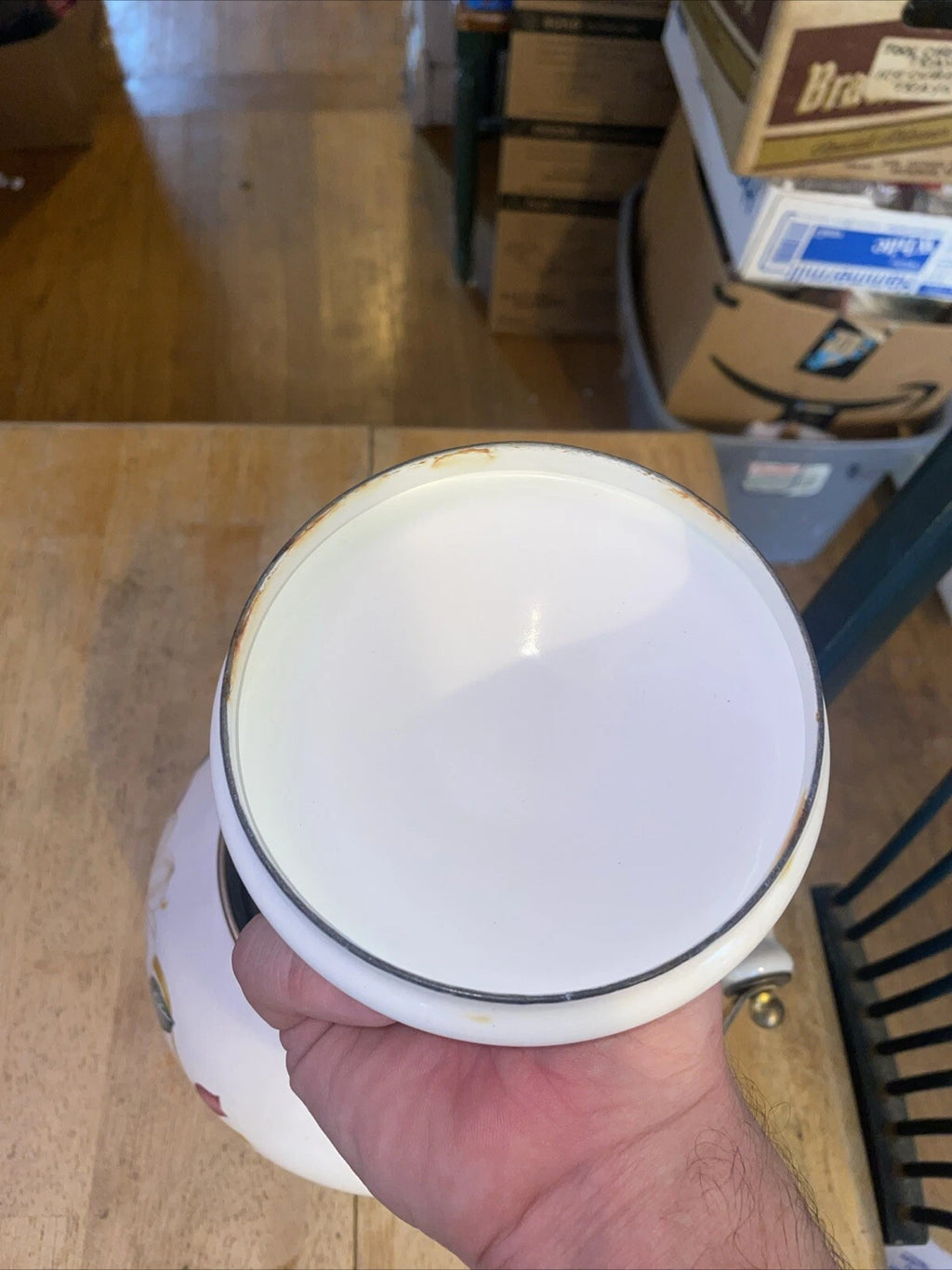 VINTAGE Enamelware Tea Kettle/Pot White/Red Flowers