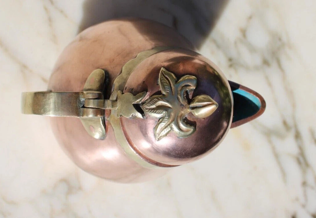 Antique Tea Pot Blue Enamel Chinese Solid Copper w/Brass Handle 6.25" Vintage