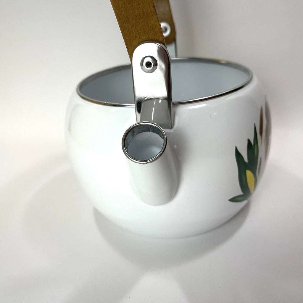 Vtg Enamel Tea Kettle With Pig And Plastic Corn Lid Handle Wood Handle