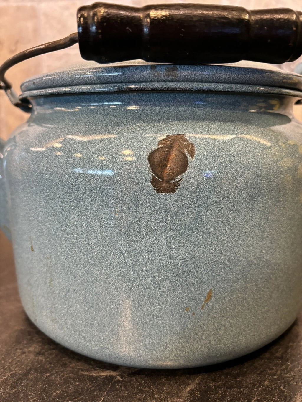 Large Blue Spatterware Enamel Tea Kettle