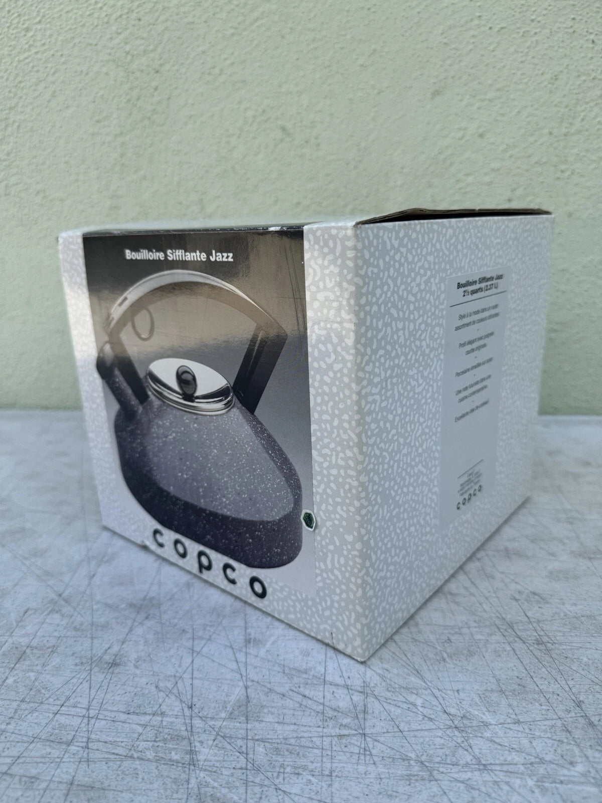 Vintage Copco Jazz Whistling Enamel Tea Kettle Pot 2.5qt Art Deco Dark Granite