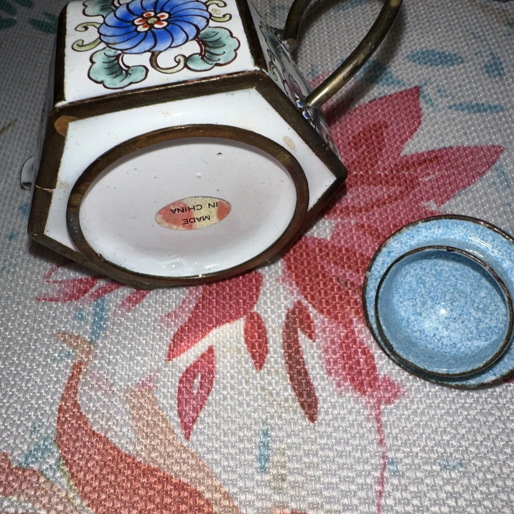 Mini Chinese Cloisonné Enameled Floral Glaze White Blue Pink Teapot 4” L - 3” H