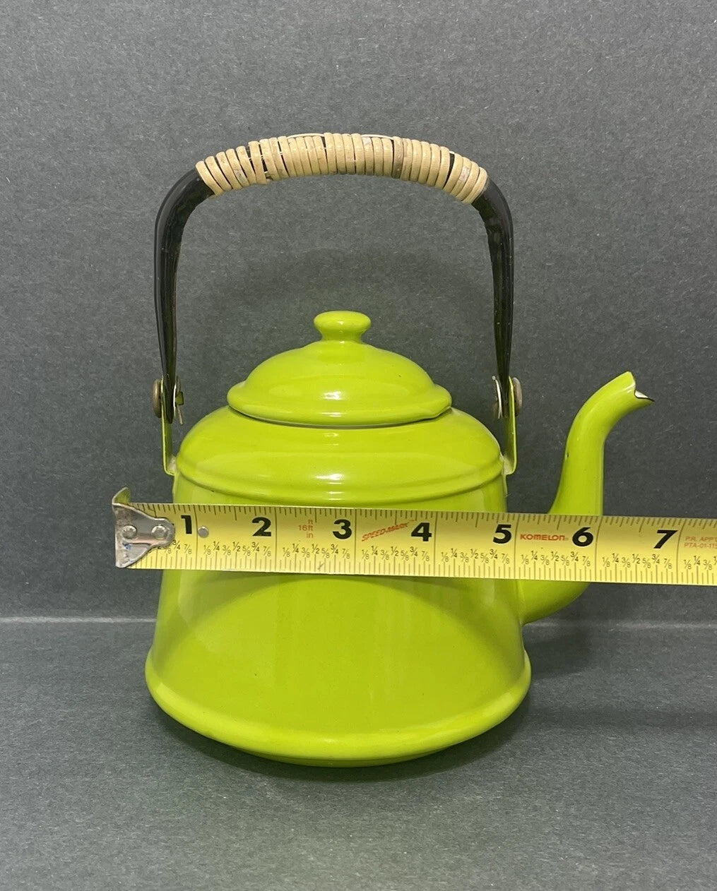 Teapot Vintage BRIGHT Green Enamel W Black Rattan Handle Granny Core Groovy