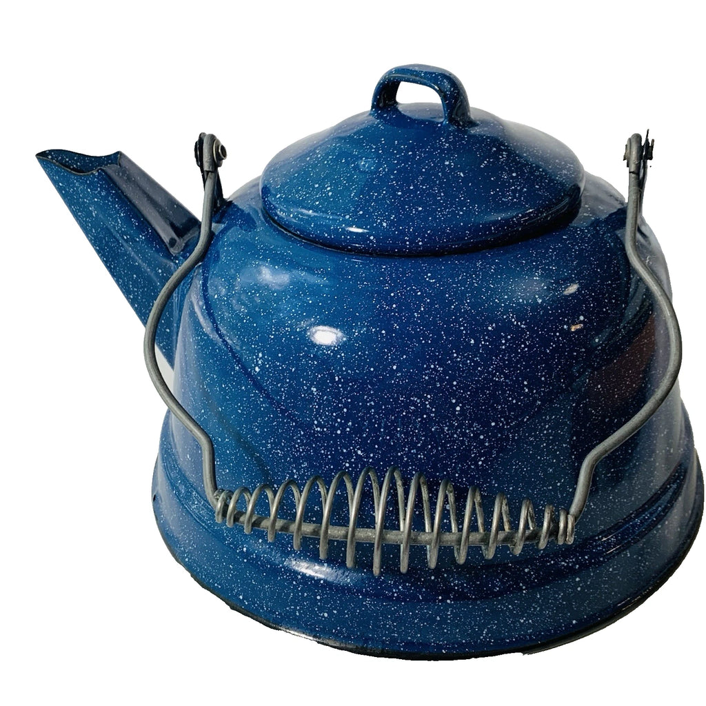 Vintage Cobalt Blue & White Speckled Enamelware Tea Pot Camping Kettle