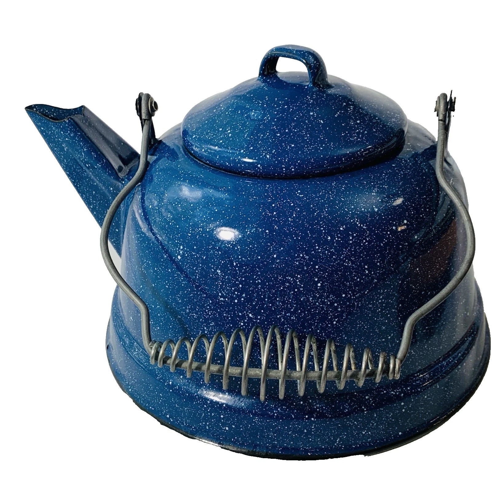 Vintage Cobalt Blue & White Speckled Enamelware Tea Pot Camping Kettle