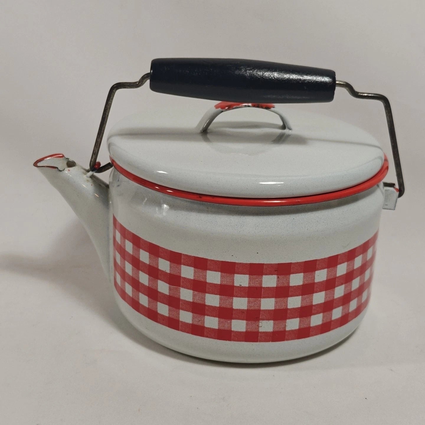 Enamelware Red White Gingham Check Teapot Kettle Metal Rustic Farmhouse Decor