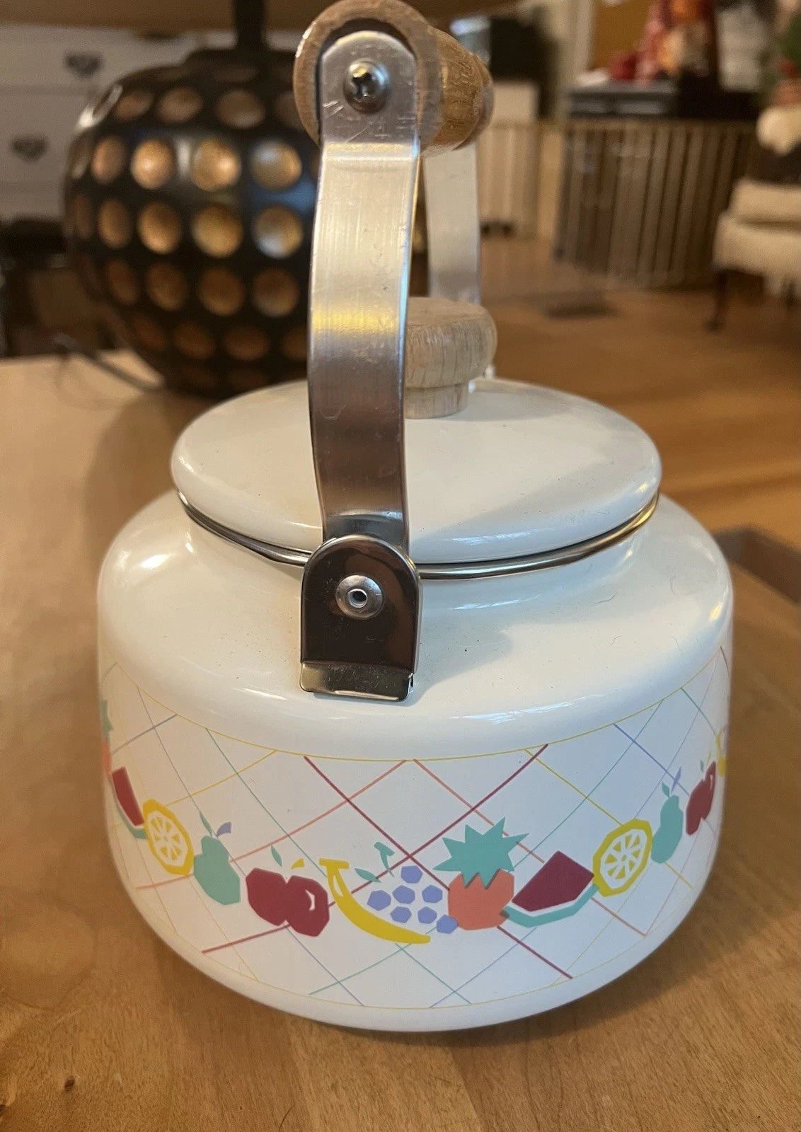 Vintage Lincoware White Enamel Metal Fruit Motif Teapot Tea Kettle Pot Retro