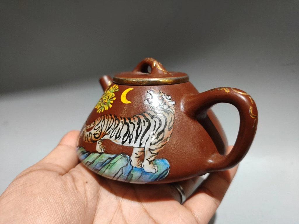 Yixing Zisha Pot Scholarly Aesthetic Kettle Ceramic Enameled Gilded Carved Tiger