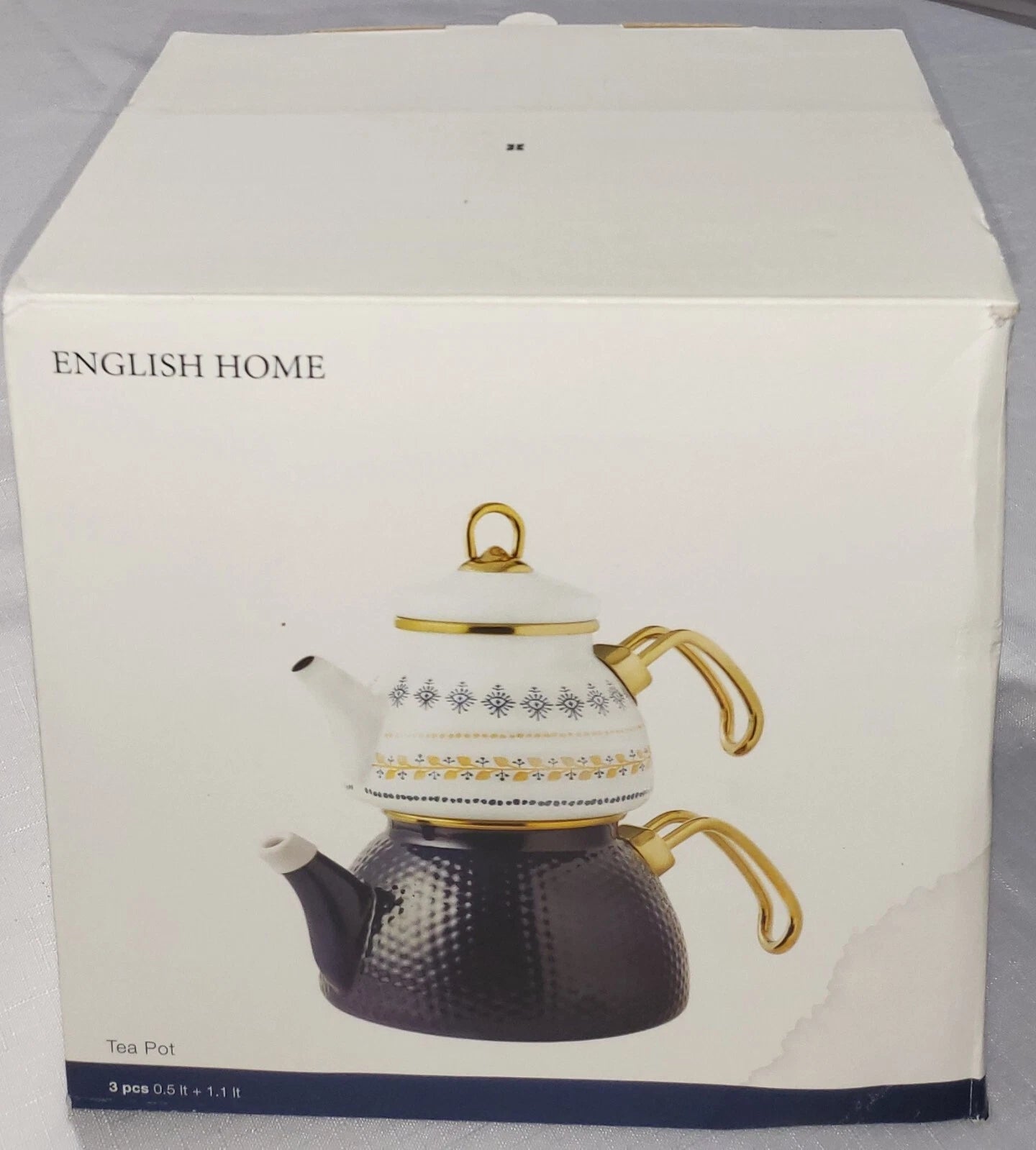 Ethnic Enamel tea pot set, NEW,  in box, set 3 pcs, Upper 0.5 LT / Lower 1.1 LT