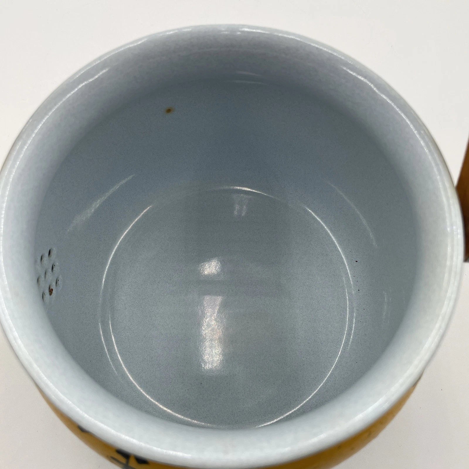 Vtg Hand Painted MCM Yellow Enamel Tea Kettle with Teak Wood Handle and Knob