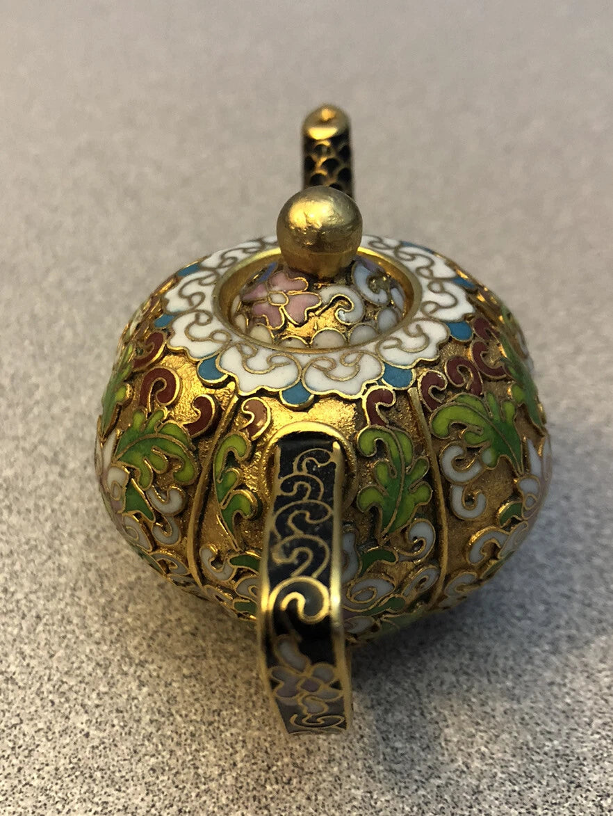 Vintage Cloisonne Enamel and Bronze Small "Pumpkin" Teapot, Black Tip, Pink Top
