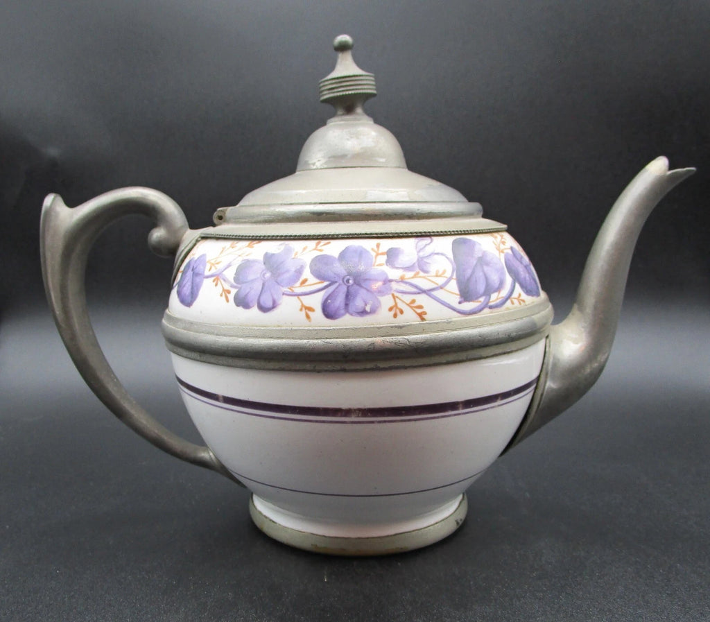 Graniteware enamel pewter teapot purple floral design Manning, Bowman Co.