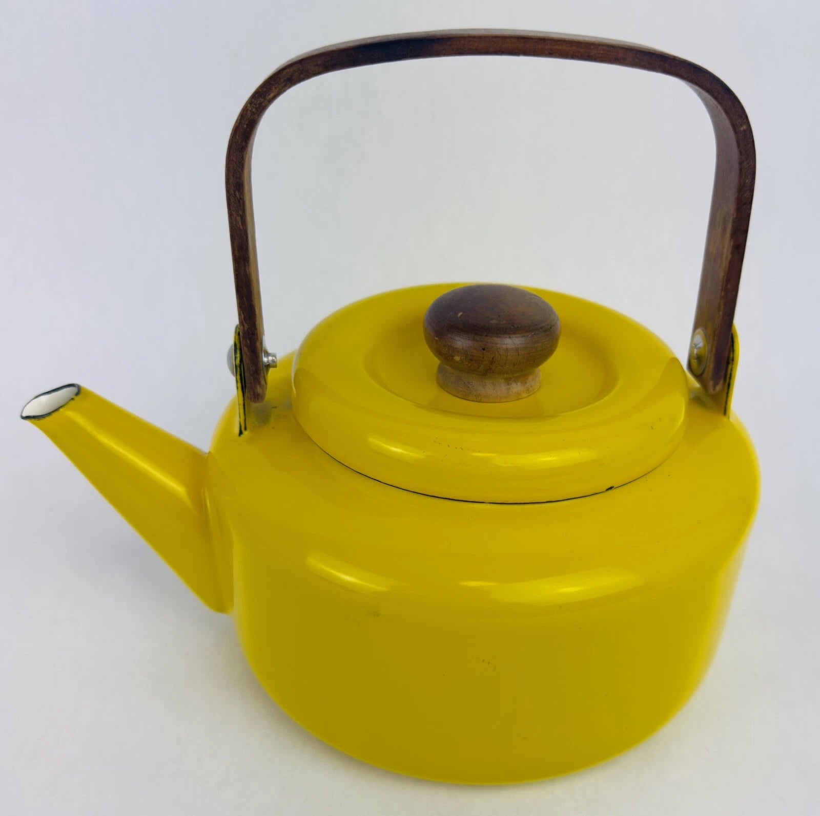 Vintage Yellow Enamel Teapot Tea Kettle MCM Teak Wood Handle