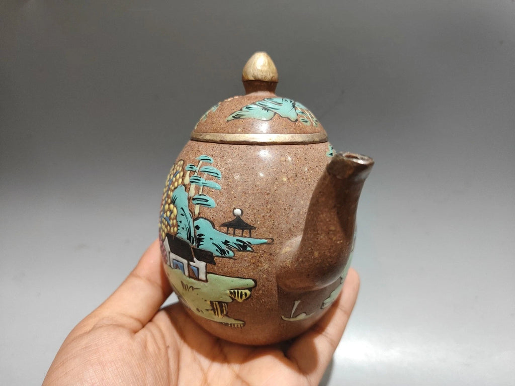Purple Clay Tea Set Teapot Kettle Ceramic Carving Enamel Dragon Egg Landscape