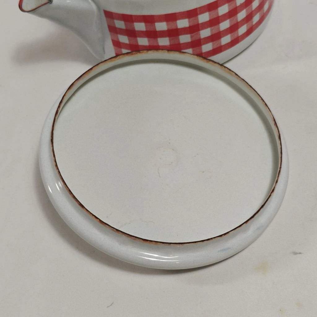 Enamelware Red White Gingham Check Teapot Kettle Metal Rustic Farmhouse Decor