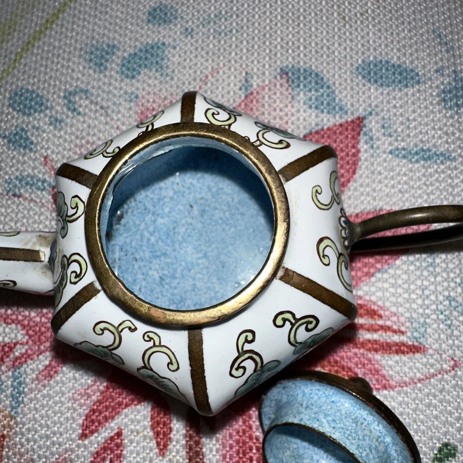 Mini Chinese Cloisonné Enameled Floral Glaze White Blue Pink Teapot 4” L - 3” H