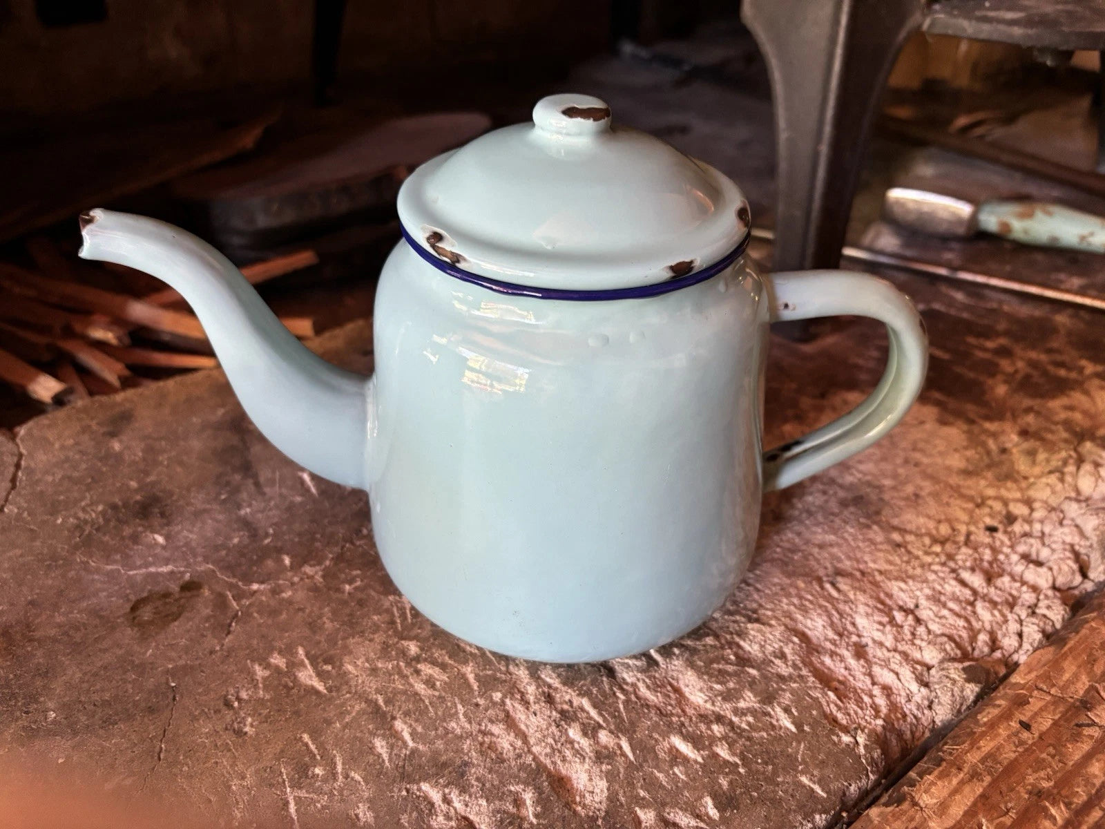 Vintage Enamelware Light Blue Tea Pot Enamel Pitcher Shabby Home Decor