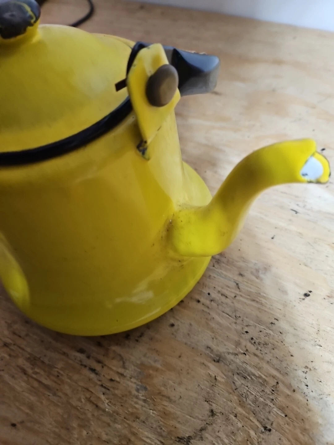 Vintage yellow and black enamel teapot kettle with handle and lid Japan