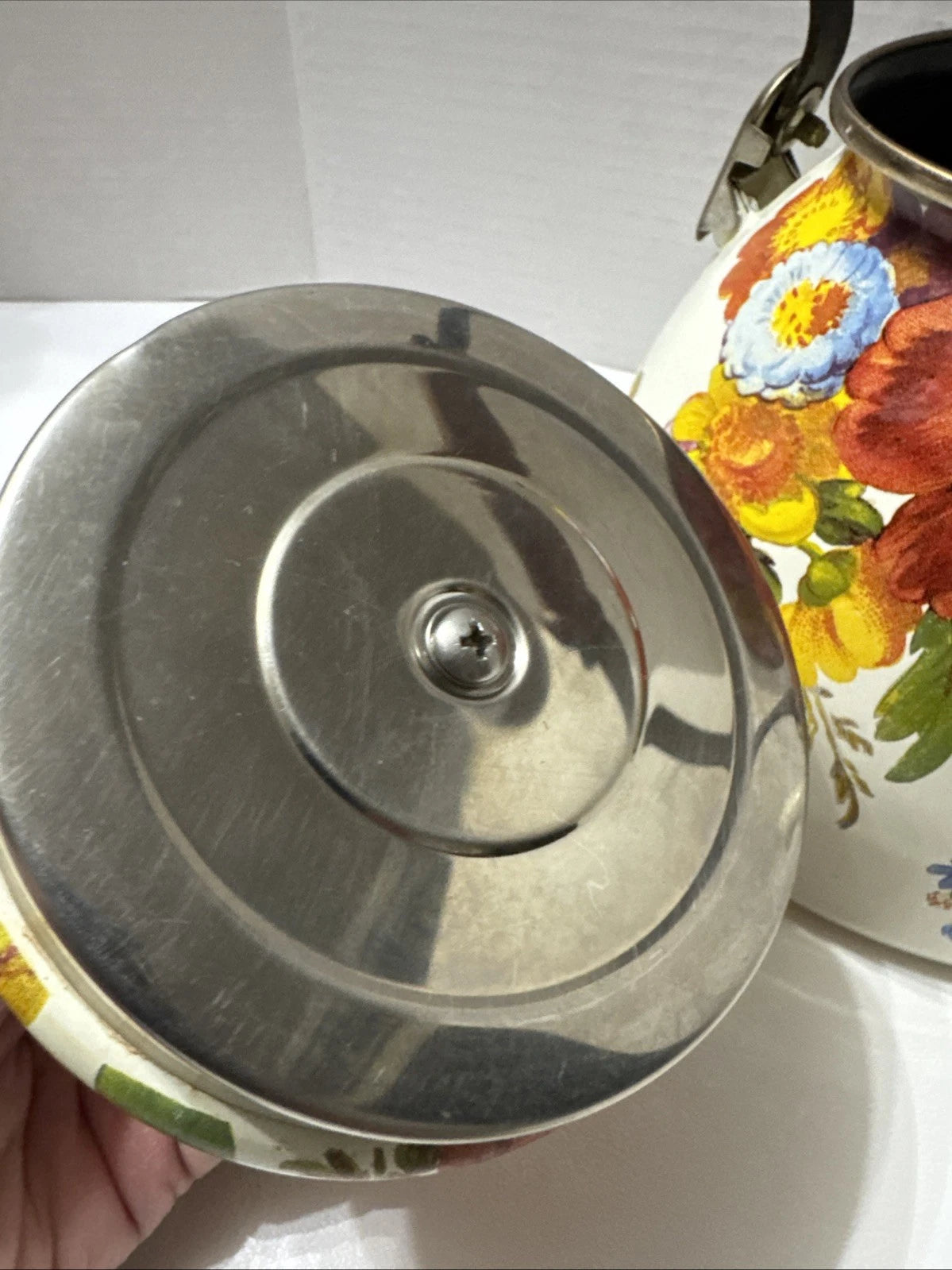 MacKenzie-Childs White Flower Market 3 Quart Qt Tea Kettle Enamel Teapot