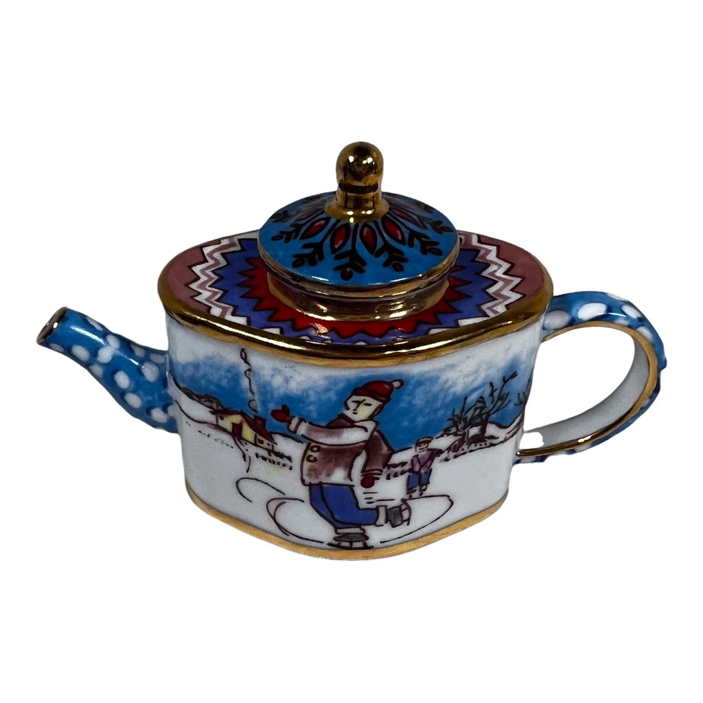 Miniature Ceramic Teapot Snowy Christmas Ice Skating Village Pond Mini Enamel