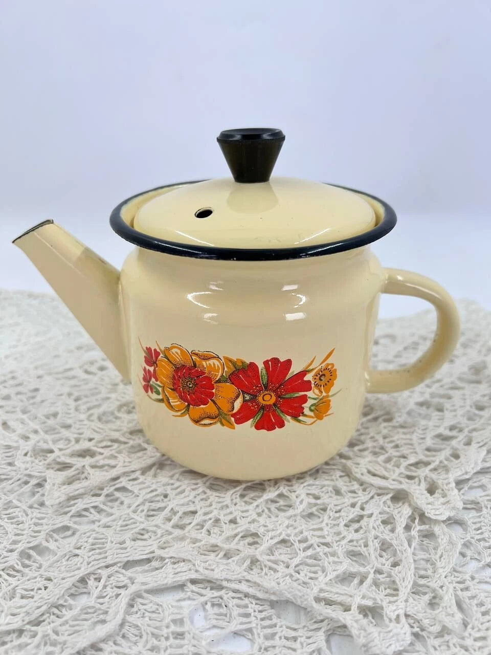 Vintage yellow enameled kettle pitcher 0.5 l Kitchen enamel coffee pot Metal tea