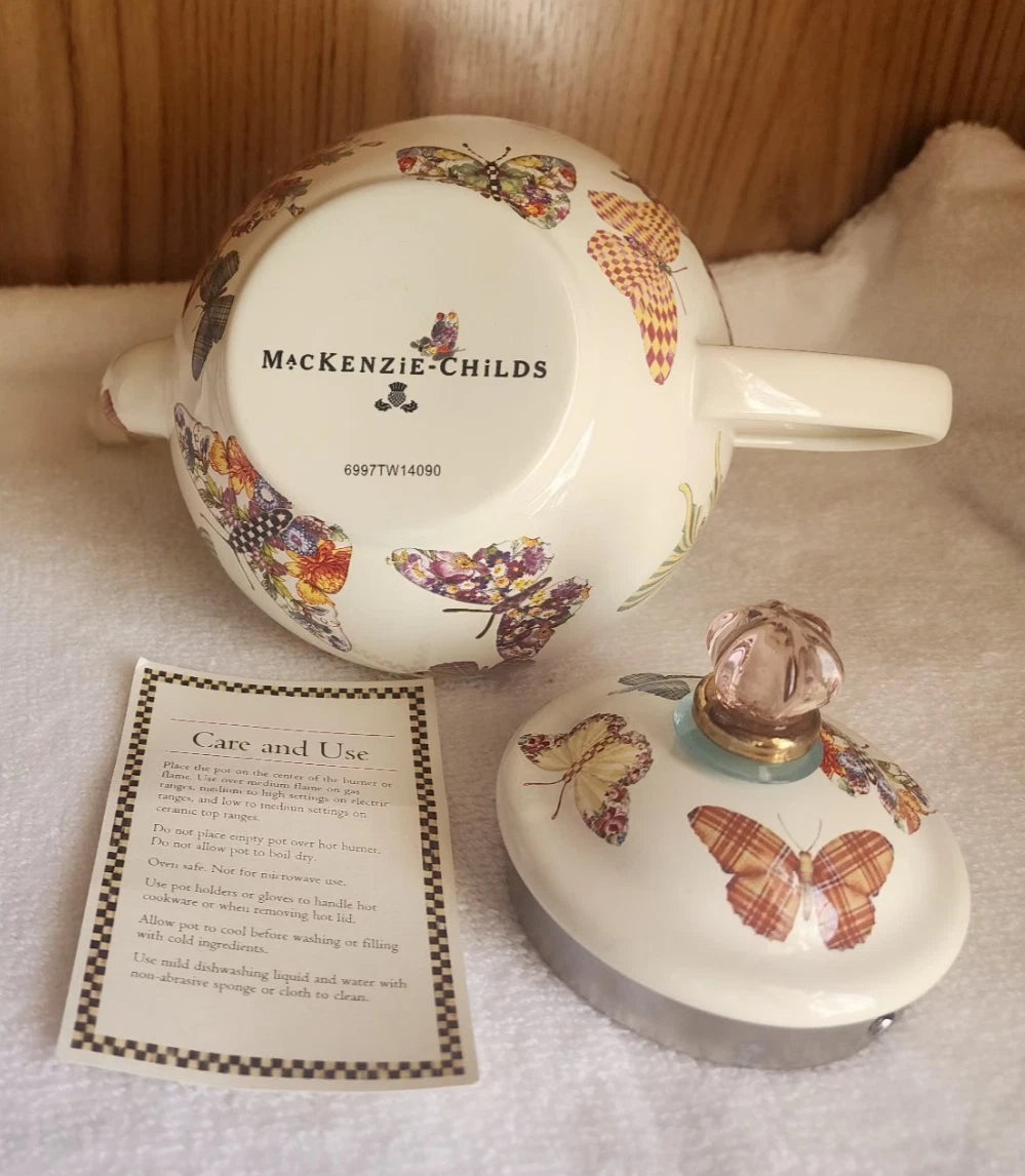 Retired - Mackenzie Childs White Butterfly Garden 4 Cup Teapot NWOT