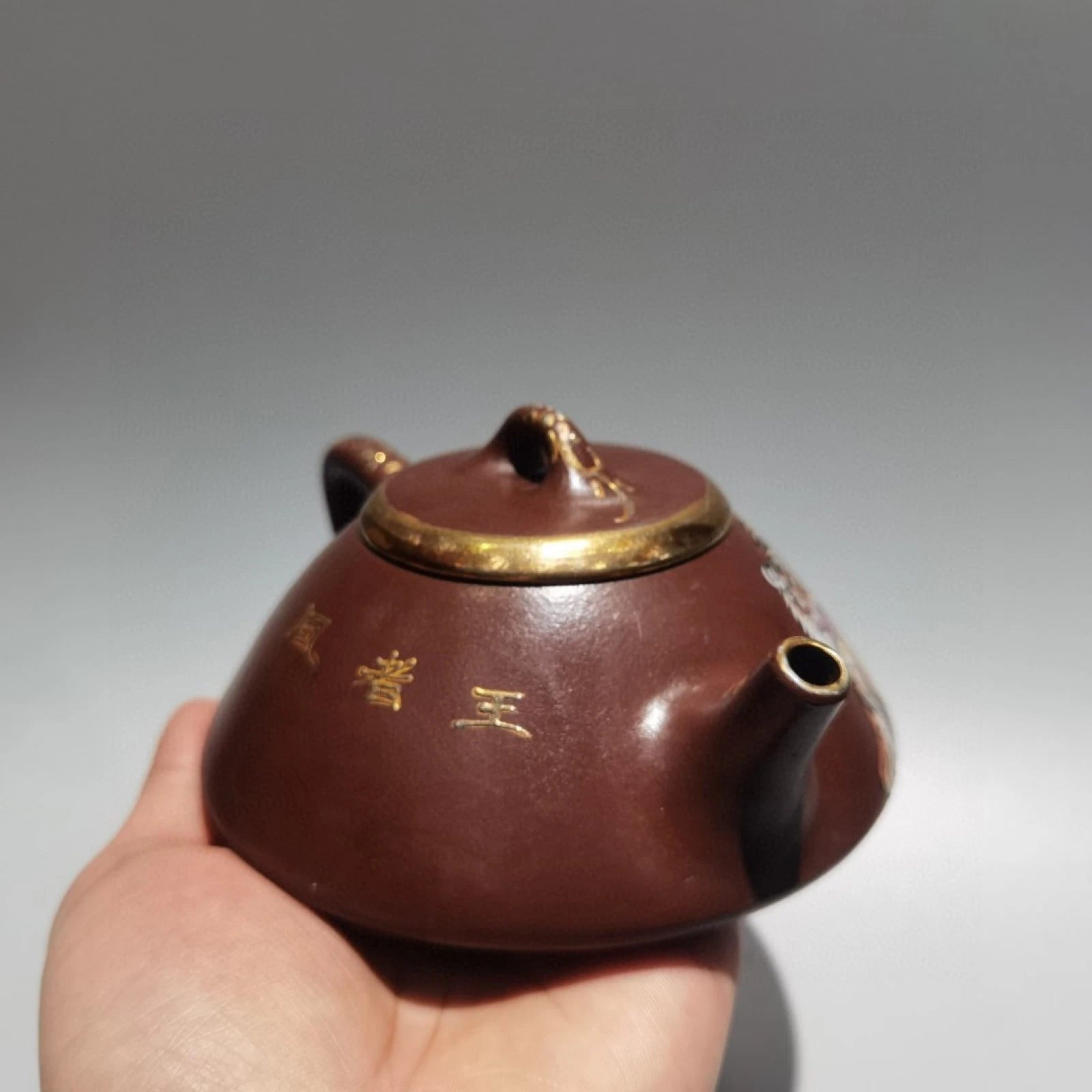 Yixing Purple Clay Teapot Hand-Coiled Ceremony Drainer Enameled Gilded Sculpted