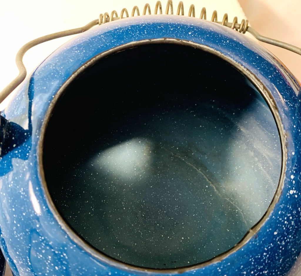 Vintage Cobalt Blue & White Speckled Enamelware Tea Pot Camping Kettle