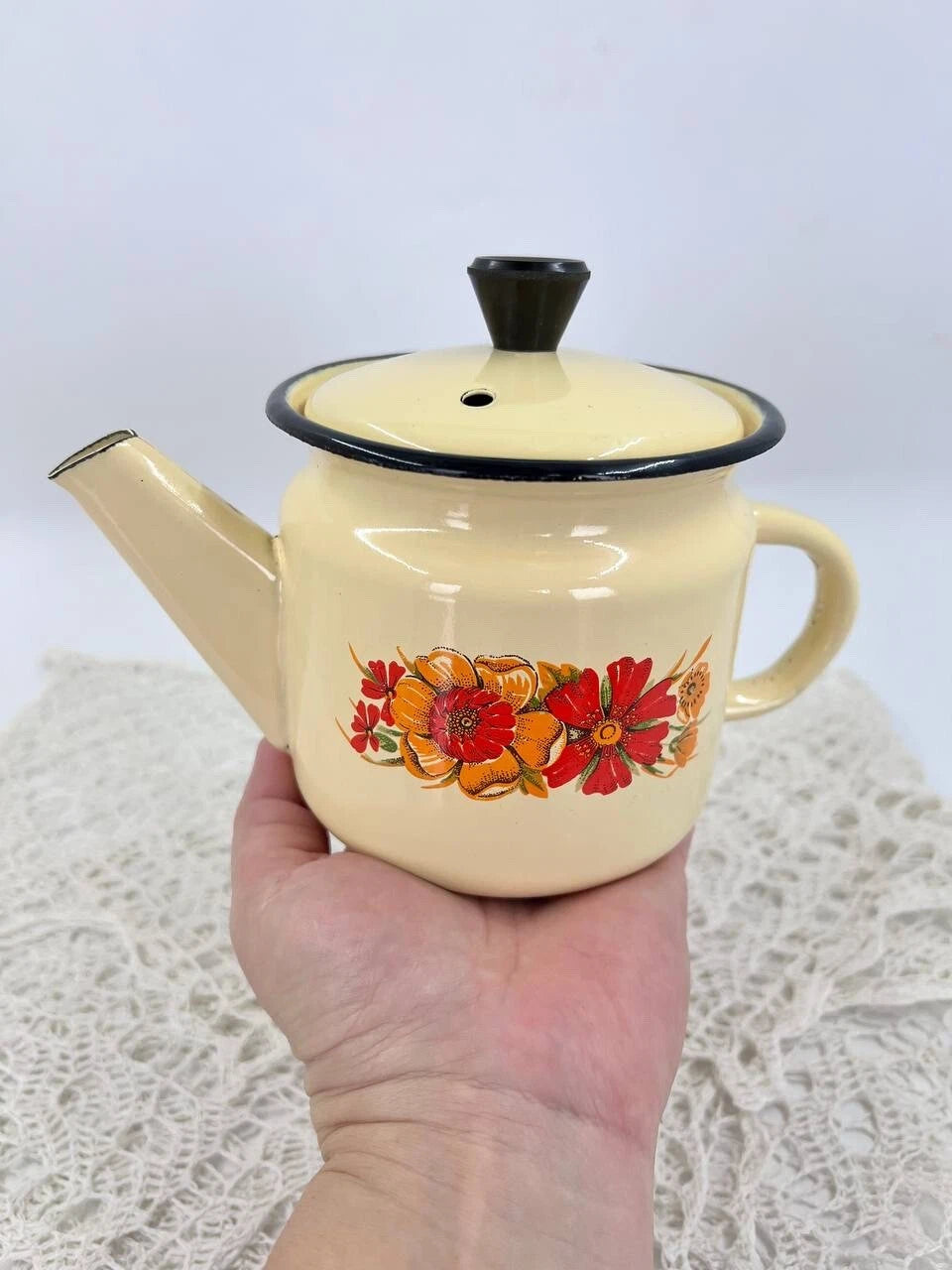 Vintage yellow enameled kettle pitcher 0.5 l Kitchen enamel coffee pot Metal tea