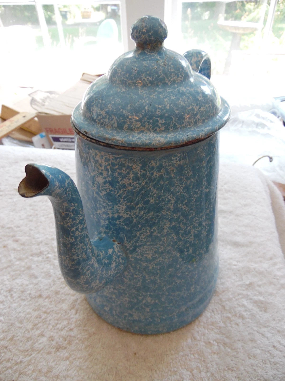 Vtg Blue & White Speckled Graniteware Enamelware 10" Tea Pot Coffee Gooseneck