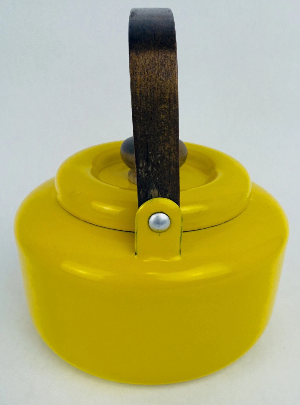 Vintage Yellow Enamel Teapot Tea Kettle MCM Teak Wood Handle
