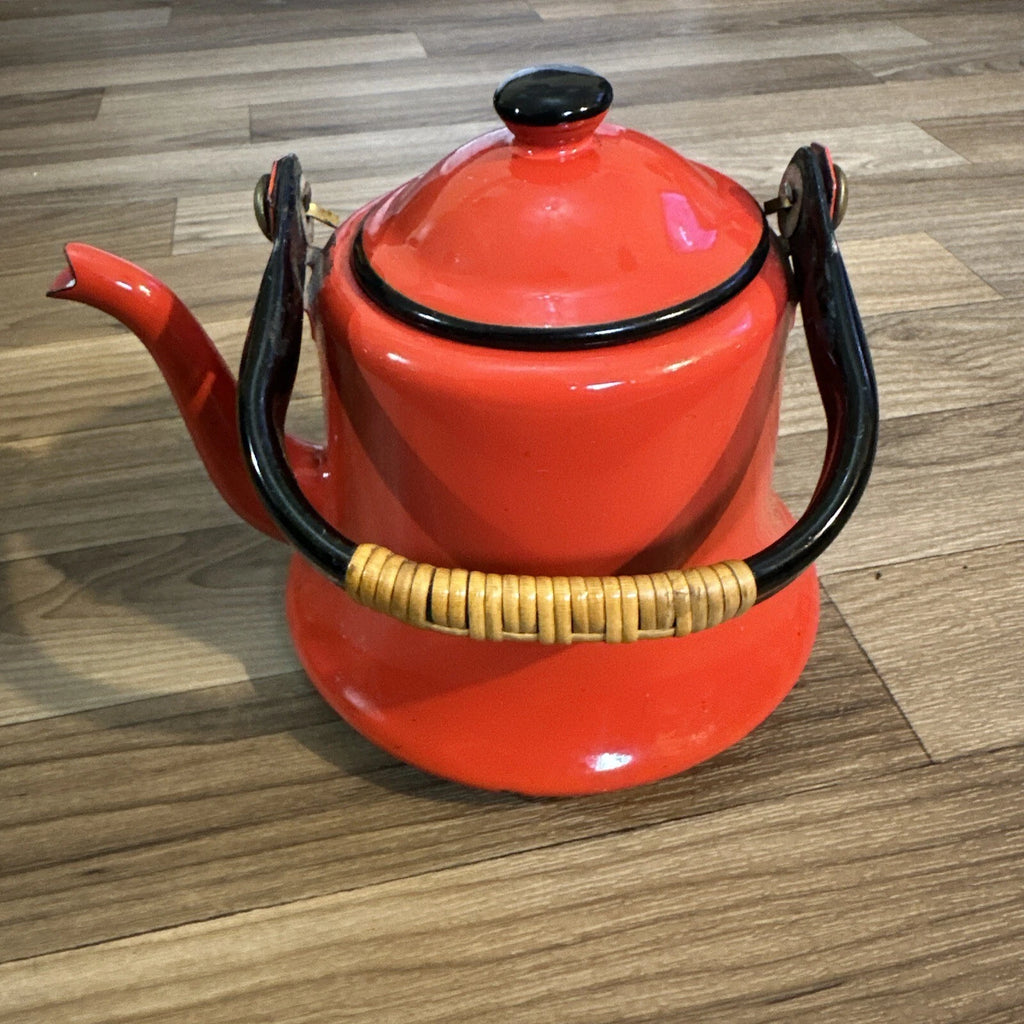 Vintage Midcentury Modern Enamelware Teapot OTTO Japan Bamboo Handle Preowned