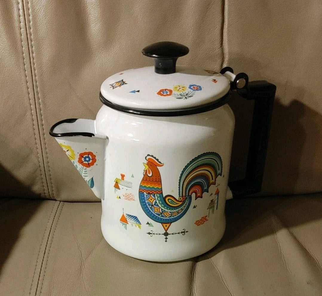 Vintage BERGGREN Enamel Coffee Pot Kettle Swedish Rooster Flower EXQUISITE Shape
