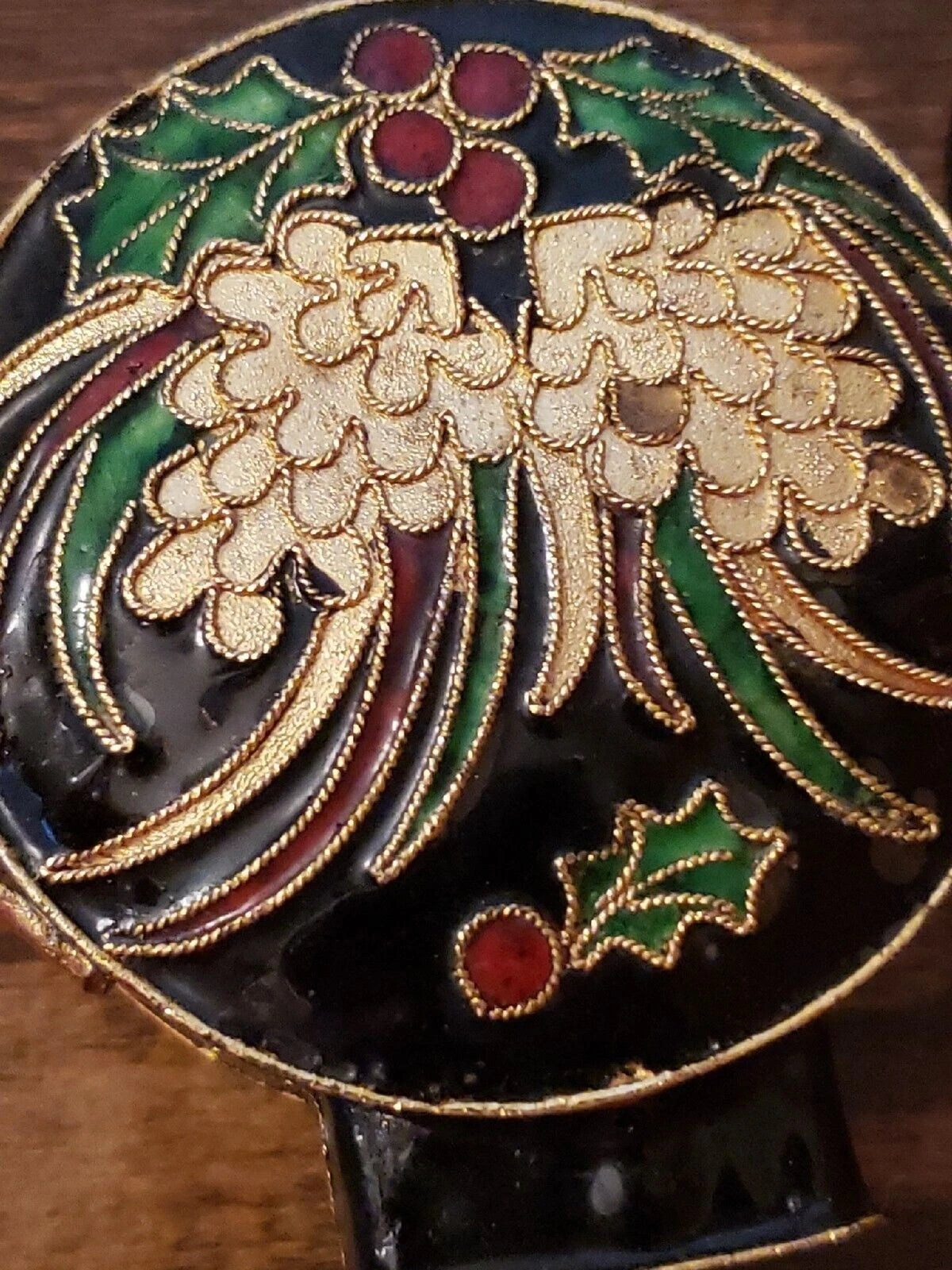 Miniature Decorative Enamel Teapot Black Gold Red Green Cloisonne Holly Berry