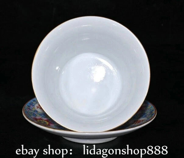 4.4" Yongzheng Marked Enamel Porcelain Flower Words Pattern Tea Cup Gaiwan Pair