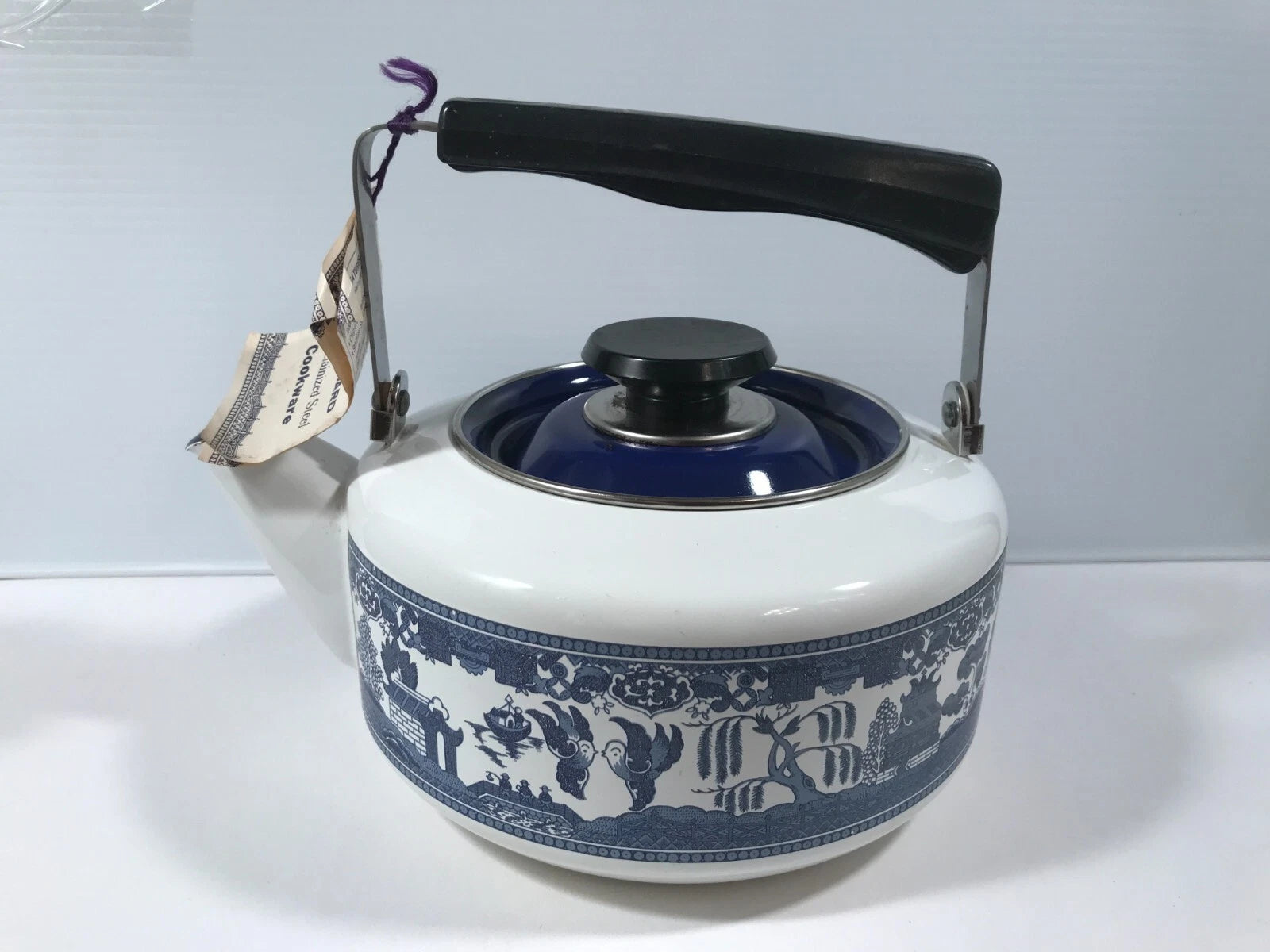 Vintage Blue Willow TEA KETTLE Howard Holt Porcelainized Steel Enamelware 1960's