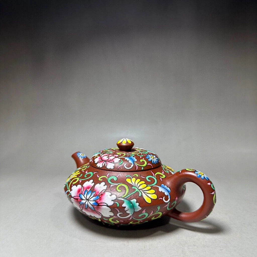Chinese Yixing Zisha Clay Handmade Enamel Colour Flowers&Plants Teapots 15733