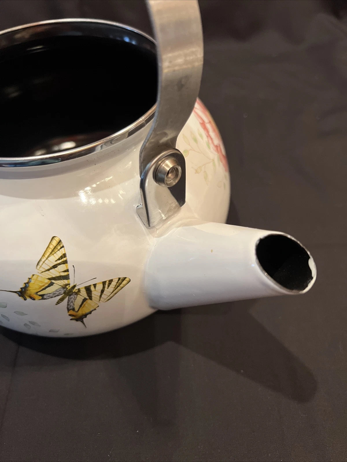 Lenox Butterfly Meadow Floral Enamel Tea Pot Teapot Kettle with Minor Issues