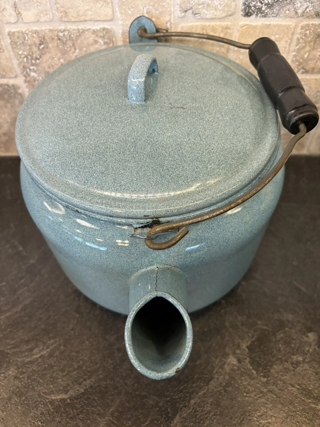 Large Blue Spatterware Enamel Tea Kettle