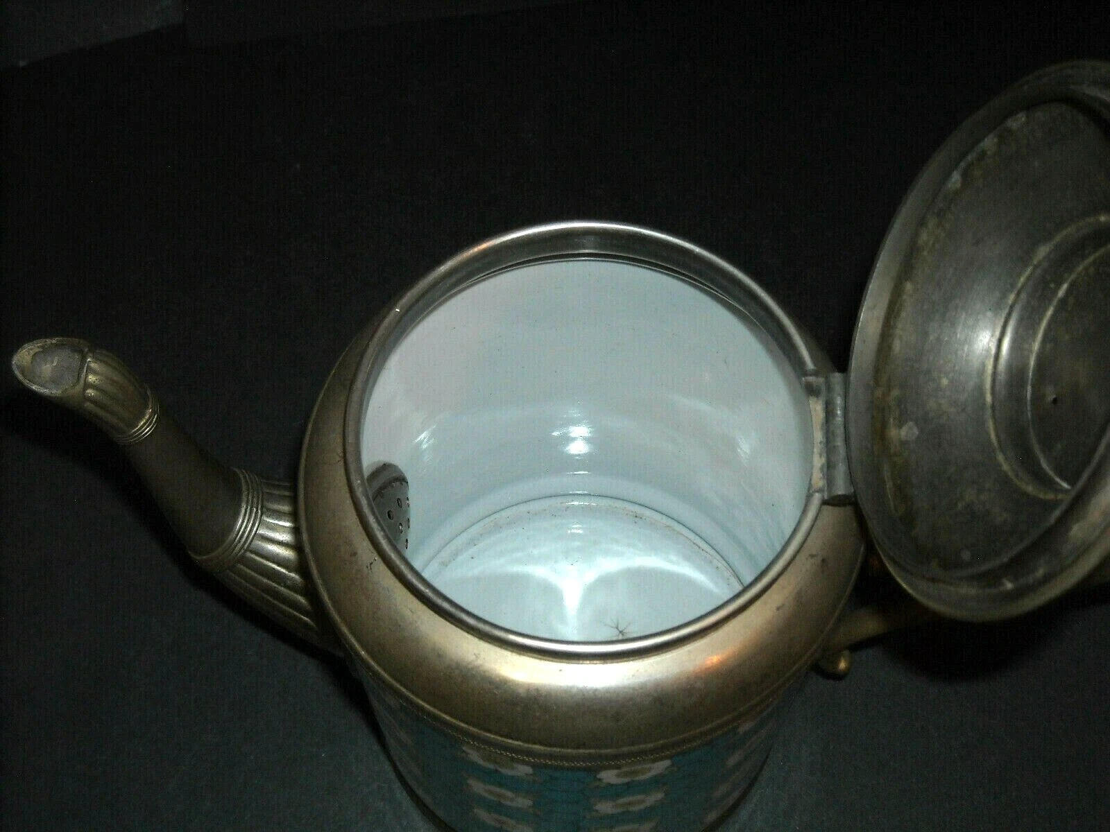 Pewter-Trimmed Blue & White Graniteware APPLE BLOSSOM Teapot - Enamel Ware