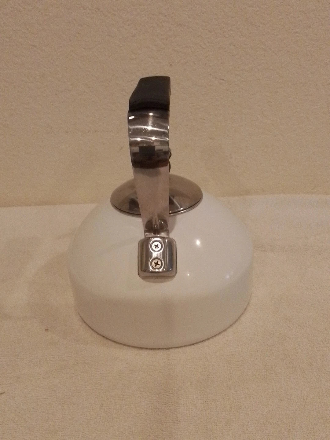 Vintage Whistling White Tea Kettle Tea Pot Enamel On Steel