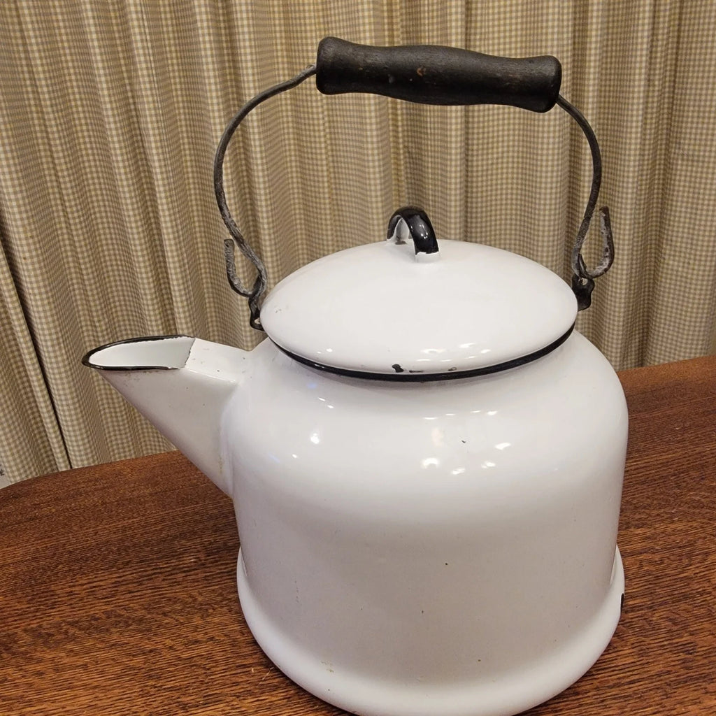 Vintage Enamelware Tea Kettle White Black